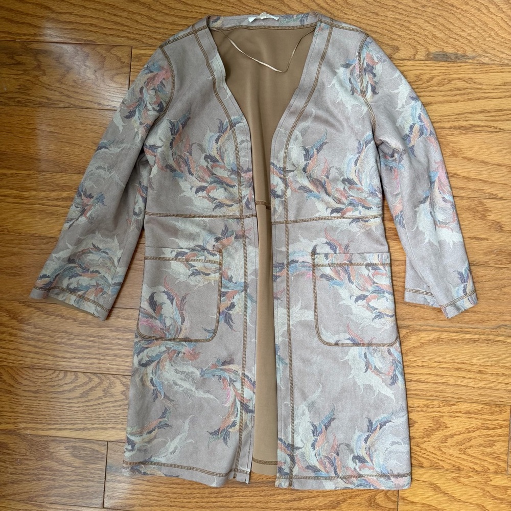 Solitaire Floral Open-Front Cardigan Coat Jacket in Beige and Pastel Small S